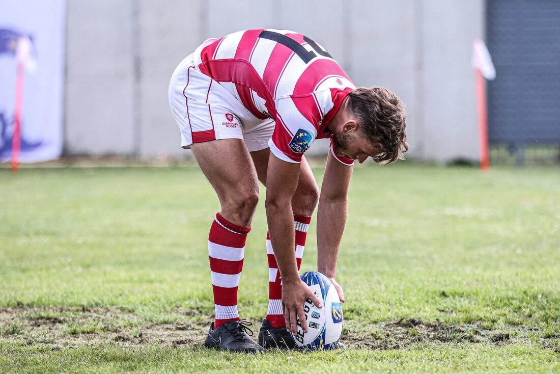 Gibraltar Rugby player preparing a kick